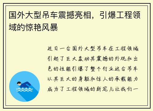 国外大型吊车震撼亮相，引爆工程领域的惊艳风暴